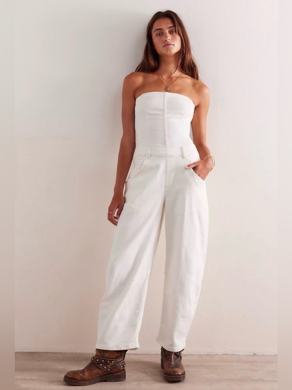 Free People WE THE FREE JE SUIS PRET BARREL JUMPSUIT IN STONE WHITE